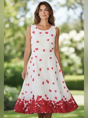 Sucrefas Sleeveless White Midi Dress with Red Petal Print - Size Medium (NWT)